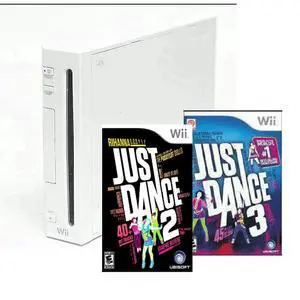 Nintendo Wii Console White Bundle w/ Just Dance 2 & 3 Games, 2 Remotes & 2 Nunchuks, Power & Sensor Bar Included