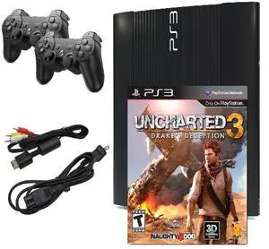 Sony PlayStation 3 (PS3) Console Super Slim 250GB Black with Uncharted 3: Drake's Deception & Two Retrofam Controllers