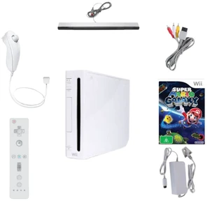 Nintendo Wii Console White Bundle with Super Mario Galaxy Game, Retrofam Remote, Nunchuk, Sensor Bar & Power Adapter Nintendo Wii Console White Bundle with Super Mario Galaxy Game, Retrofam Remote, Nunchuk, Sensor Bar & Power Adapter