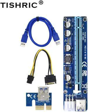 10pcs TISHRIC est PCIE PCI-E Riser 008C card gpu PCI E X16 PCI Express 6Pin to SATA 1X 16X USB3.0 Extender LED For Mining ETH