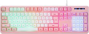 CQ104 Gaming Keyboard USB Wired with Rainbow LED Backlit, Quiet Floating Keys, Mechanical Feeling, Spill Resistant, Ergonomic for Xbox, PS Series, Desktop, Computer, PC(White Pink)