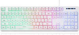 CQ104 Gaming Keyboard USB Wired with Rainbow LED Backlit, Quiet Floating Keys, Mechanical Feeling, Spill Resistant, Ergonomic for Xbox, PS Series, Desktop, Computer, PC(White)