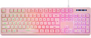 CQ104 Gaming Keyboard USB Wired with Rainbow LED Backlit, Quiet Floating Keys, Mechanical Feeling, Spill Resistant, Ergonomic for Xbox, PS Series, Desktop, Computer, PC(Pink)