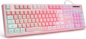 CQ104 Gaming Keyboard USB Wired with Rainbow LED Backlit, Quiet Floating Keys, Mechanical Feeling, Spill Resistant, Ergonomic for Xbox, PS Series, Desktop, Computer, PC(Pink White)