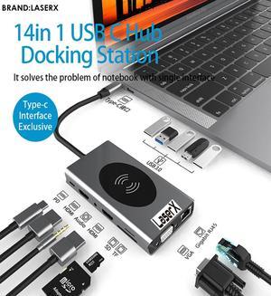 LASERX USB C Hub Adapter, 14-in-1 with 4K HDMI/VGA/ RJ45 Gigabit Ethernet/ 3.5mm Audio/ 87W PD/USB C Data Port/ Wireless Charge /USB Ports/SD/TF Card Reader for MacBook,PC & More