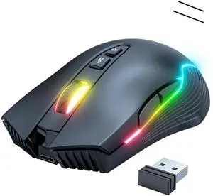 Wireless Gaming Mouse, 2.4Ghz Connection, 5 RGB Backlit Modes, Ergonomic Computer Mice with 7 Macro Buttons, Adjustable DPI, Rechargeable Office Cordless Mouse for PC/Mac/Laptop