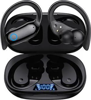 GNMN Bluetooth Headphones Wireless Earbuds 80hrs Playback IPX7 Waterproof Ear Buds Over-Ear Stereo Bass Earphones with Earhooks Microphone LED Battery Display for Sports/Workout/Gym/Running Black
