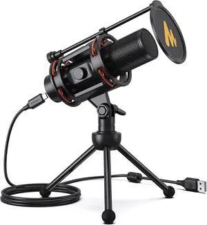 Computer Microphone All in One USB Condenser Mic 192kHz/24bit with Metal Pop Filter, Tripod, Gain Knob&0-Latency Monitoring for Zoom Meeting, Podcasting, Streaming, YouTube, Voice Over, Gaming