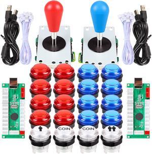 EG STARTS 2 Player Arcade Games DIY Kit Parts 2 Ellipse Oval Joystick Handles + 20 LED lit Arcade Buttons (Red & Blue Kit)
