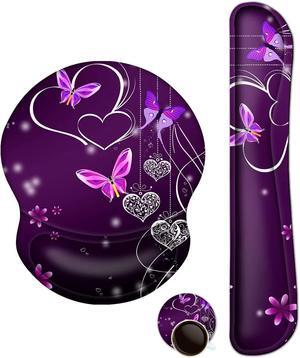 ArtSo Upgraded Wrist Rest Support for Mouse Pad & Keyboard Ergonomic Gel Mousepad Non-Slip Rubber Base Home Office Pain Relief Easy Typing Cushion Neoprene Soft Memory Foam Purple Heart Butterfly