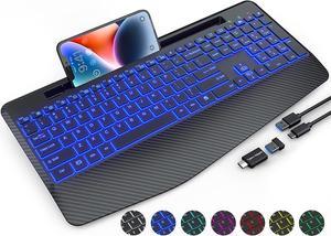 SABLUTE Wireless Keyboard with 7 Colored Backlits, Wrist Rest, 2.4G Computer Lighted Keyboard with Phone Holder, Rechargeable Full Size Ergonomic Keyboard with Silent Keys for MacBook, PC, Laptop