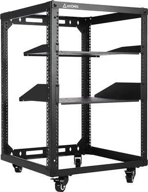 AEONS 15U Open Frame Network Server Rack 19-inch 4 Post AV Rack with Casters for Floor Standing and Wall Mount, Side Load for extra depth Complete Kit with 1U and 2U Vented Shelves, Black