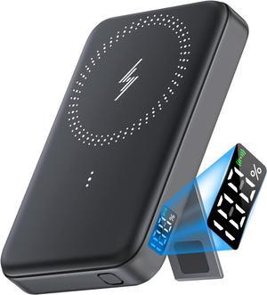 weetla   Magnetic Battery Pack 10000mAh LED Digital Display Foldable Wireless Power Bank with Kickstand USB-C Cable Portable Wireless Charger Power Bank for iPhone 14/13/12 03A (Black)