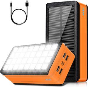 Solar Charger Power Bank, 60000mAh Portable Charger Compatible with iPhone, Cell Phone, 32 LEDs External Battery Pack for Outdoor Camping, Home Emergency, 4 Output& 2 Input Ports (Orange)