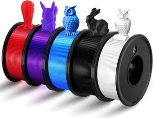 Haosegd 3D Printer Filament PLA 1.75mm 3-D Printing Materials 5 Colors Bundle Print Filiment 1.75 mm White Black Red Blue Purple Dimensional Accuracy ±0.02mm Fillament Spool Vacuum Packaging 250G X 5