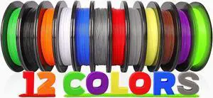 PLA 3D Printer Filament Packs 1.75mm, Dikale 12pcs Bundle Assorted Colors, 500g per Spool, Diameter Accurancy +/- 0.02 mm, Fit for for Ender 3 3D Printer etc