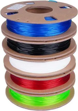 TPU Filament 1.75mm Bundle, TINMORRY 3D Printer Filament Combipack, 200g x 5 Spools, Black+White+Transparent red+Transparent Blue+Transparent Green
