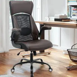 Clearance Executive Office Chair, Ergonomic Leather Desk Chair - Widened Adjustable Headrest with Flip-Up Arms, High Back Computer Swivel Task Chair with Lumbar Support, Brown