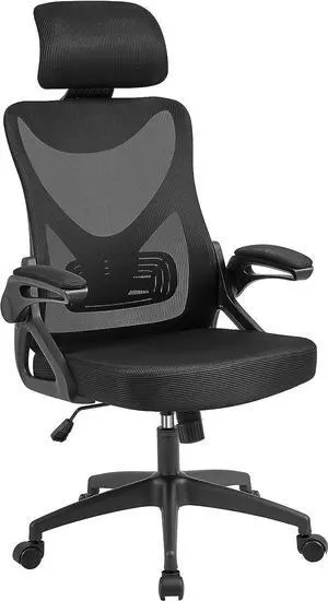 Yaheetech Ergonomic Mesh Office Chair, High Back Desk Chair with with flip-up Armrests, Adjustable Padded Headrest Computer Chair with Lumbar Support for Home Office Game Room, Black