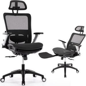 Ergonomic Mesh Office Chair with Footrest, High Back Computer Executive Desk Chair with Headrest and 4D Flip-up Armrests, Adjustable Tilt Lock and Lumbar Support-Black