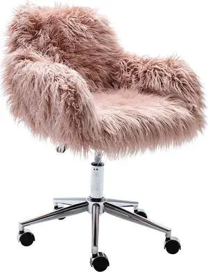 KCC Fluffy Office Desk Chair, Faux Fur Modern Swivel Armchair with Wheels, Soft Comfy Fuzzy Elegant Accent Makeup Vanity Chairs for Women Girls, Home Living Dressing Room Bedroom, Pink