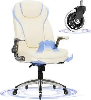 Executive Office Chair-Ergonomic Computer Desk Chair with Upgraded Caster for Swivel, High Back Office Chair with Padded Flip-up Arms, Stylish Leather Chair Thicken Seat for Comfort (Ivory, 300lbs)
