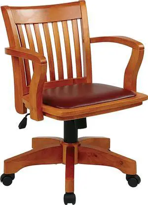 OSP Home Furnishings Deluxe Wood Banker's Desk Chair with Padded Seat, Adjustable Height and Locking Tilt, Fruitwood Finish and Brown Vinyl