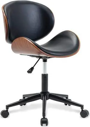 BELLEZE Mid Century Modern Shell Chair, Classic Tripod Design Walnut Plywood Faux Leather Upholstered Lounge Armless Chair for Living Room Reading Lounge,Black