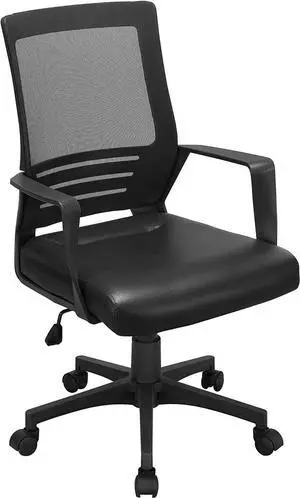 Topeakmart Mesh Office Chair with Rolling Casters Ergonomic Adjustable Task Chair with Leather Seat for Bain Pain Black