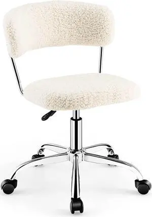 Giantex Home Office Chair, Faux Fur Low Back Swivel Leisure Chair w/Height Adjustable Padded Seat, Rolling Armless Vanity Chair w/Galvanized Steel Frame for Bedroom Study Guest Room, White