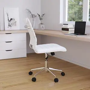 Merrick Lane Corrina White Ergonomic Swivel Office Chair Ribbed Faux Leather Back and Seat Mid-Back Armless Computer Desk Chair with Chrome Base