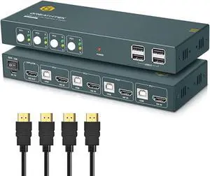 KVM Switch HDMI 4K@60Hz for 4 Computers Share 1 Monitor, KVM Switch 4 Port with 4 USB 2.0 Ports Share Keyboard Mouse, Button Switch, Plug and Play, with 4 HDMI and 4 USB Cables