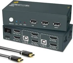 HDMI KVM Switch Dual Monitor 4K@60Hz, KVM Switch 2 Monitors 2 Computers Share USB Ports, Dual Monitor KVM Switches 2 Port 2 PCs Share 2 Monitors, Hotkey Switch, with 4 HDMI Cables and 2 USB Cables