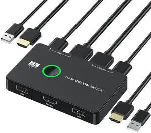 KVM Switch, HDMI Switcher Box for 2 Computers Sharing Keyboard Mouse Monitor, Support HD 4K@60Hz