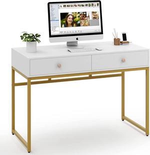 Tribesigns Computer Desk, Modern Simple 47 inch Home Office Desk Study Table Writing Desk with 2 Storage Drawers, Makeup Vanity Console Table, White and Gold