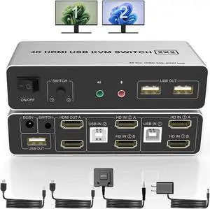 Ennovor HDMI KVM Switch Dual Monitor 2 Computers, Support EDID, 4K@60Hz Extended Display KVM Switch 2 Port 2 Monitors with 3 USB Ports and Audio Microphone Output, PC Keyboard Mouse Monitor Switcher