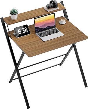 GreenForest Folding Desk No Assembly Required, Computer Desk with 2-Tier Shelf Foldable Table for Small Spaces Fully Unfold 32 x 24.5 inch, Espresso