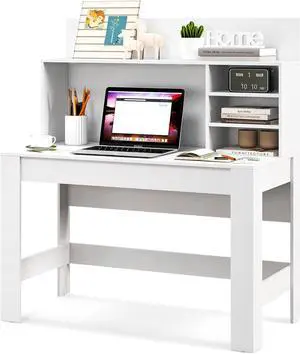 Tangkula White Desk with Hutch, Home Office Desk with Bookshelf, Writing Study Desk with Anti-Toppling Device & Cable Hole, Modern Computer Workstation PC Laptop Desk for Small Space, Bedroom