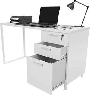 Milano Home Office Desk - 47 Inch White/White Home Office Desk with Drawers - Modern Computer Desk with Storage, Detachable & Lockable Computer Cabinet - Wooden Office, Study, and Writing Table