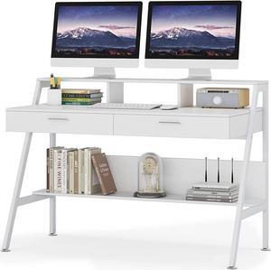 Tribesigns Computer Desk with Storage Shelf & Drawers, Modern 47 inch Office Writing Desk Study Table with Monitor Stand Riser for Home Office Use (White)