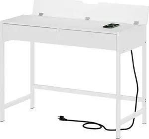 Treocho Computer Desk with USB Charging Ports and Power Outlets, Modern Simple 40 inch White Desk with 2 Drawers, Vanity Desk, Makeup Table for Home Office, Bedroom