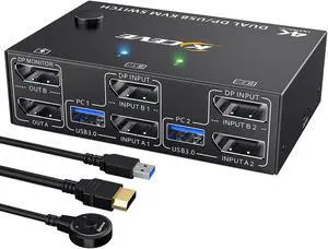 8K USB 3.0 Displayport KVM Switch 2 Monitors 2 Computers 8K@30Hz 4K@144Hz,MLEEDA Dual Monitor Displayport 1.4 KVM Switches with 4 USB 3.0 Port for USB Device,Wired Remote and 4 Cables Included