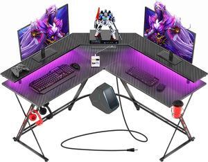 L Shaped Gaming Desk with LED Lights & Power Outlets, 50.4 Computer Desk with Monitor Stand & Carbon Fiber Surface, Corner Desk with Cup Holder, Gaming Table with Hooks, Black