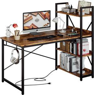 IRONCK Computer Desk 47" with Power Outlet & Storage Shelves, Study Writing Table with USB Ports Charging Station, PC Desk Workstation for Home Office, Rustic Brown
