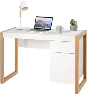 Tangkula White Desk with Drawer & Cabinet, Wooden Home Office Desk, PC Laptop Workstation Study Writing Desk, Ideal for Bedroom Home Office (White & Natural)