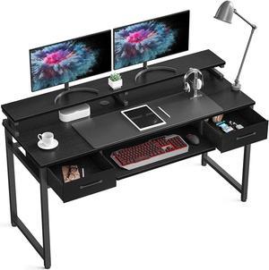 ODK Computer Desk with Keyboard Tray, 55 inch Office Desk with Drawers, Writing Desk with Monitor Shelf and Storage, Work Desk for Home Office/Bedroom, Black