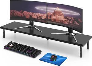 Dual Monitor Stand for Desk-Black Bamboo Monitor Stand Riser for 2 Monitors with 3 Height Adjustable Metal Legs for Home Office School Business Use