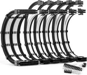 PSU Cable Extension Kit 30CM Length with Two Sets of Cable Combs,1x24Pin/2x8Pin(4+4)/3x8Pin(6P+2P) PC Sleeved Cable for ATX Power Supply (Black/White)
