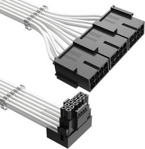 PCI-e 5.0 Cable Extender 90 Degree Angle, 12VHPWR Connector 16Pin(12+4) Male to 3x8Pin Female 16AWG Sleeved Power Extension Cable for GeForce RTX 4090 4080 3090Ti (12.6in, White)