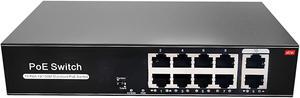 8 Port PoE Switch with 2 Uplink, 802.3af/at PoE+ 100Mbps, 100W Built-in Power, Extend to 250 Meter, Metal Plug & Play, Unmanaged POE Switch